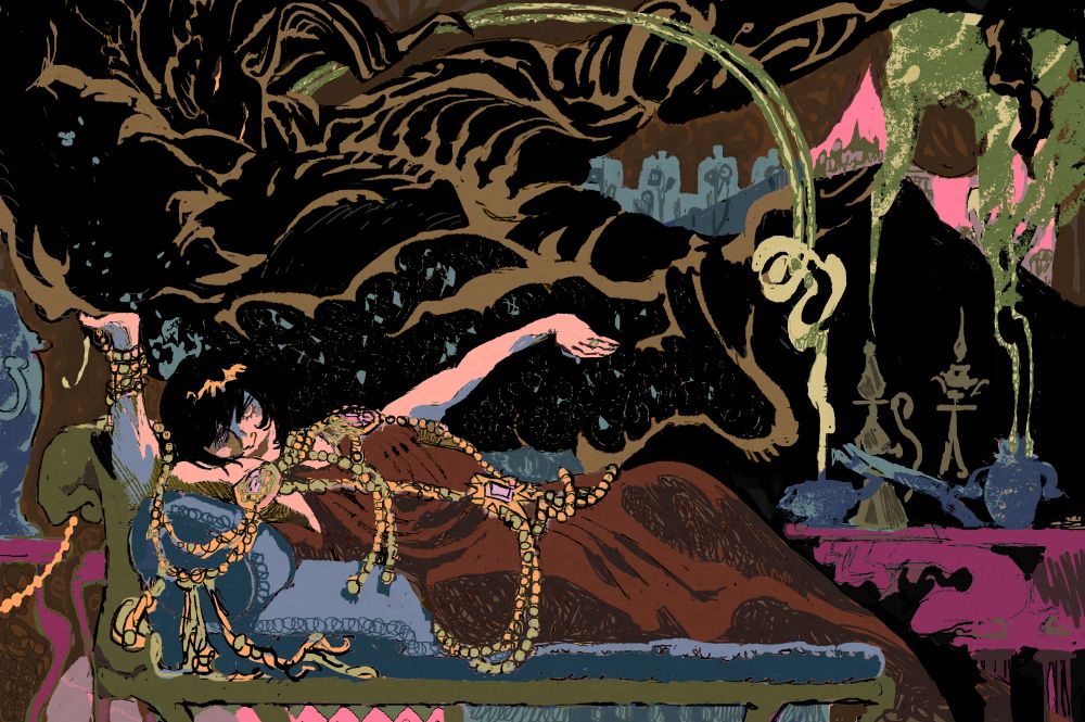 Cez reclines on a chaise, while their smoke form poses similarly in the bacground. They are surrounded by bottles and pillows, in a black and jewel-toned scene.