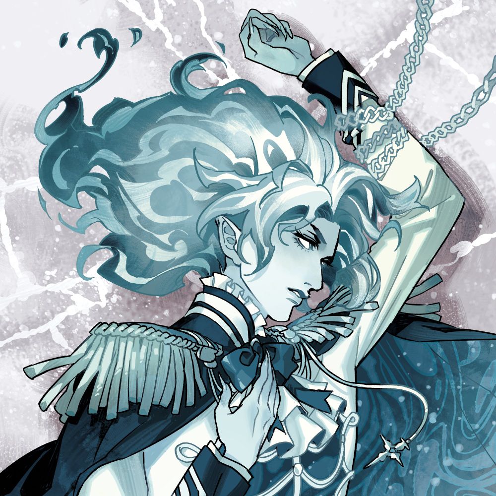 The Ghost looks away from you in a haunted, longing pose, with chains around one arm.
