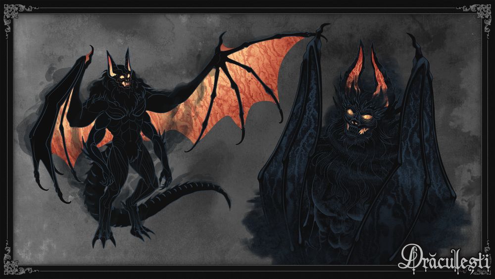 A bat-themed humanoid monster, made of smoke and charcoal with molten wings and ears, as well as gaps in its face.