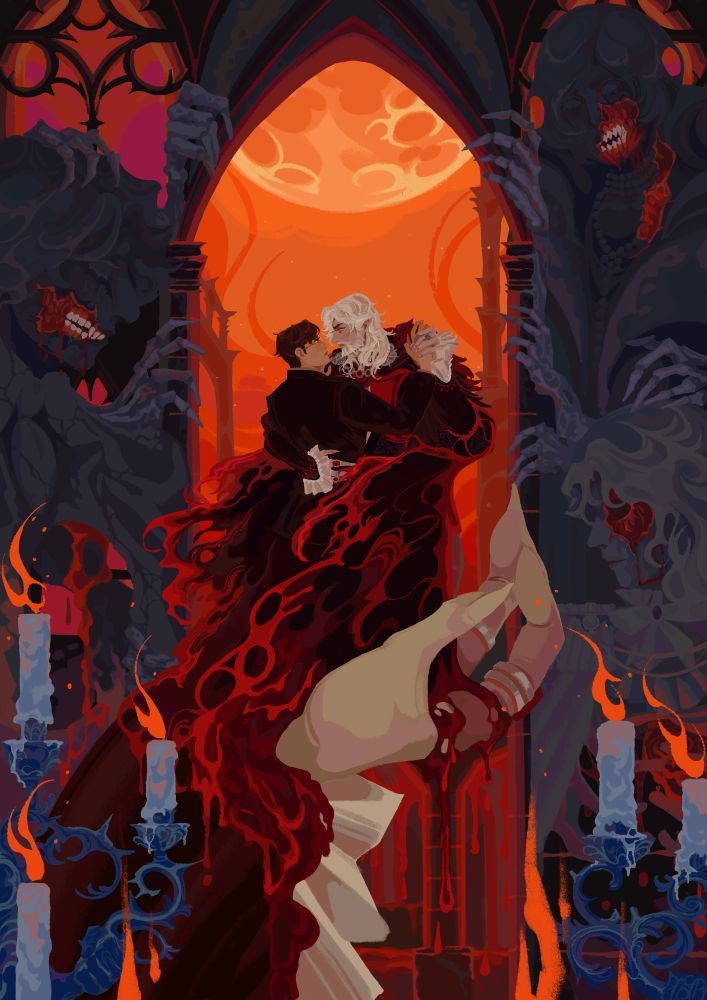Renfield and Dracula dance, Dracula's cape melting into blood - or wax? - around them. They stand in the palm of Dracula's own hand, framed in a grey arch against a stark orange background, the moon above them. To the sides of the arch are spiralling gothic candlesticks, and statues of the three other main characters - Cez, Jonny, and Ghost. The faces of the statues have been broken open to expose gory flesh and bone beneath.