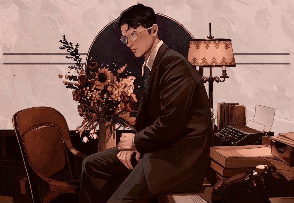 Renfield sits on his desk with a vase of flowers behind him; the flowers are the feature flowers for each Draculesti character (red roses, snowdrops, black hellebore, and sunflowers). The image is in a Leyendecker-inspired early 20th century style/composition.