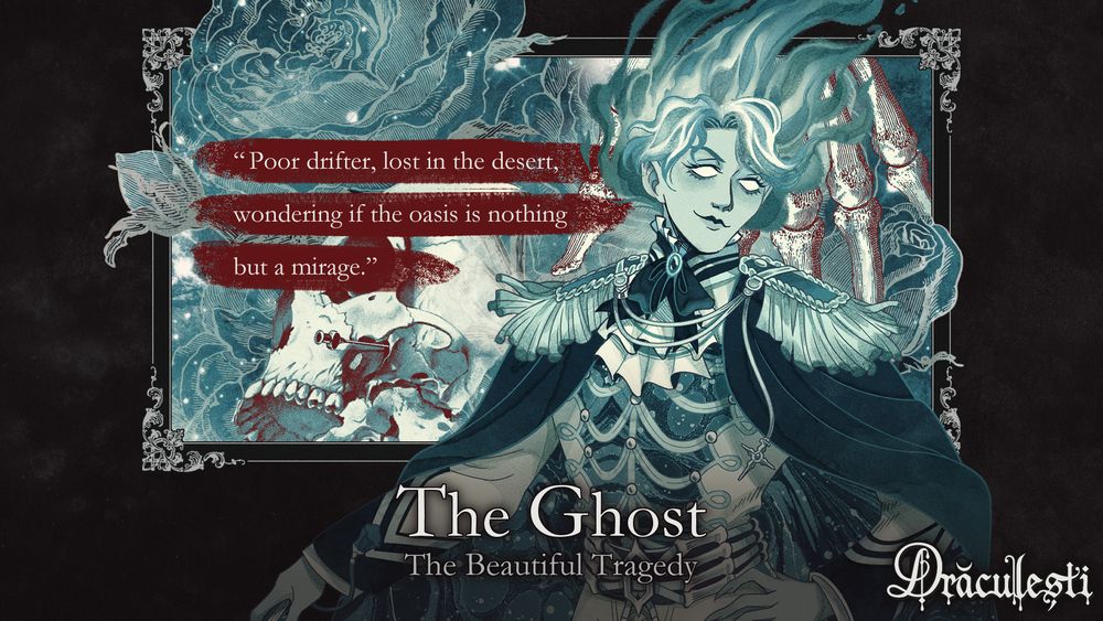 The Ghost is an elegant young man in spectral blue tones with floating, phantasmal hair. He wears a Hussar-style military uniform with a torn cape, in white and blue.