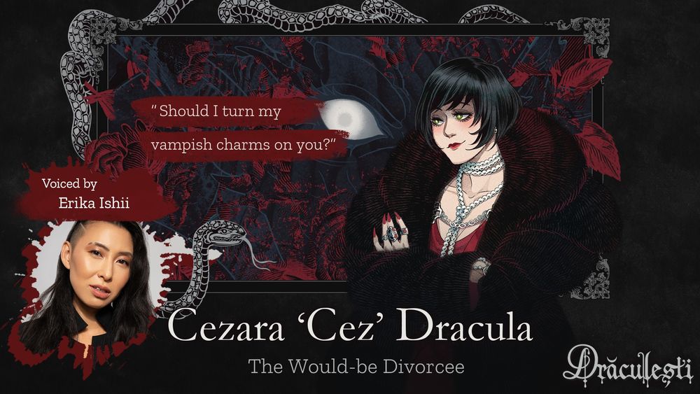 Cez Dracula, a nonbinary vampire in a red dress and black fur coat. Their title is 'the would-be divorcee', and their character quote says 'should I turn my vampish charms on you?'. They are voiced by Erika Ishii!