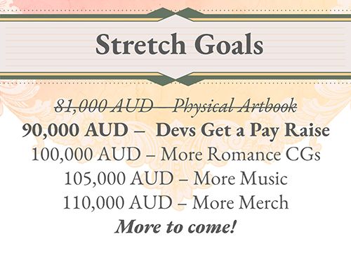 Stretch Goals
81k - Physical Artbook (REACHED)
90k - Devs Get a Pay Rise
100k - More Romance CGs
105k - More Music
110k - More Merch
More to come!