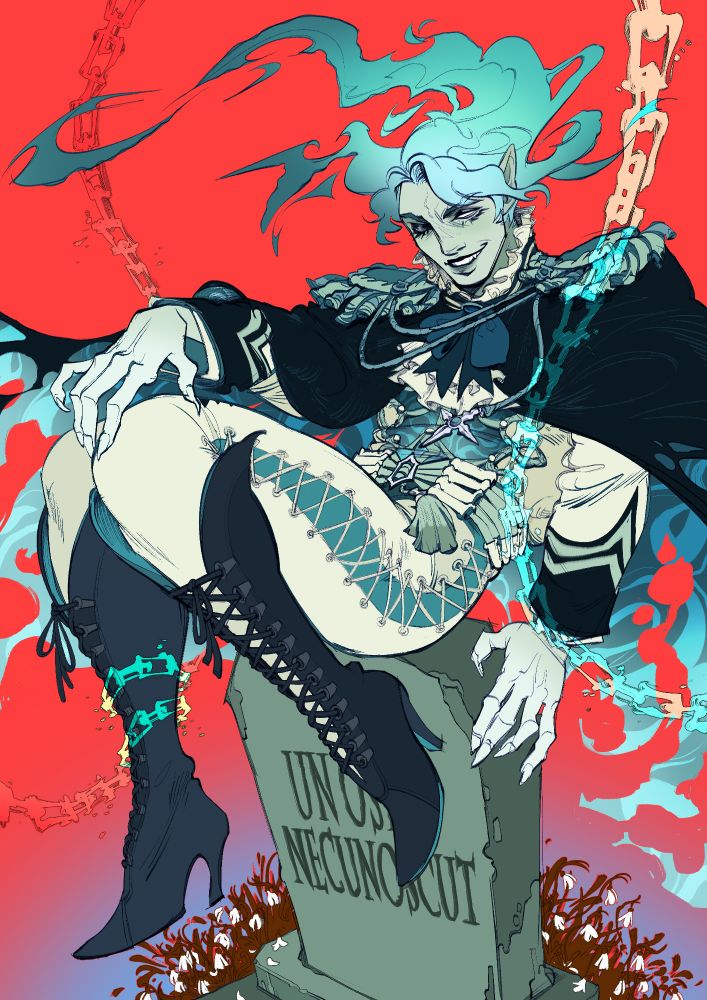 Art of the Ghost from Draculesti. He is a smug looking figure in a white and blue napoleonic-esque jacket and cape, with white pants which lace up along the sides. A spectral chain surrounds him. He is seated on top of a tombstone which reads 'unos- necunoscut', though the tip of one of this tall, laced boots obscures the last letter of the first word.