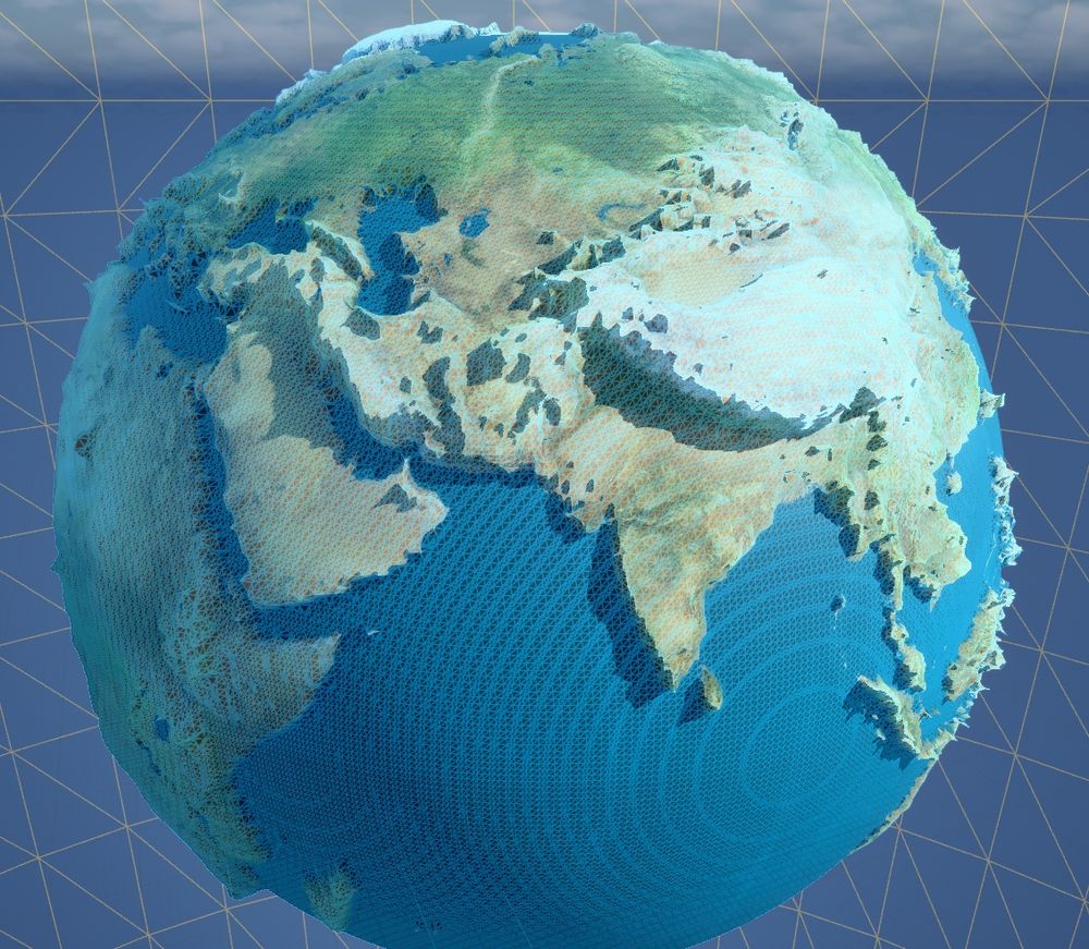 A procedural Earth generated using surface nets and a Signed Distance Field (SDF). This 3D render displays pronounced topographical features with applied height and color maps using real world data. Created in UE5. Displayed as a wireframe view.