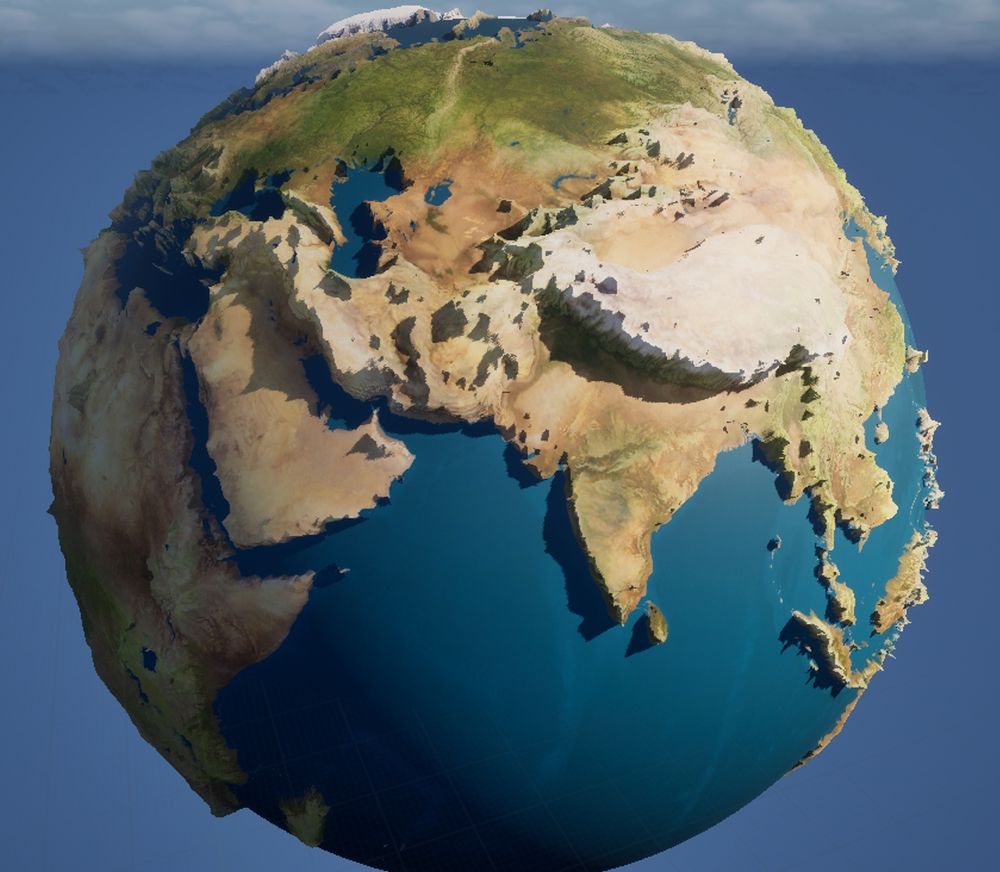 A procedural Earth generated using surface nets and a Signed Distance Field (SDF). This 3D render displays pronounced topographical features with applied height and color maps using real world data. Created in UE5.