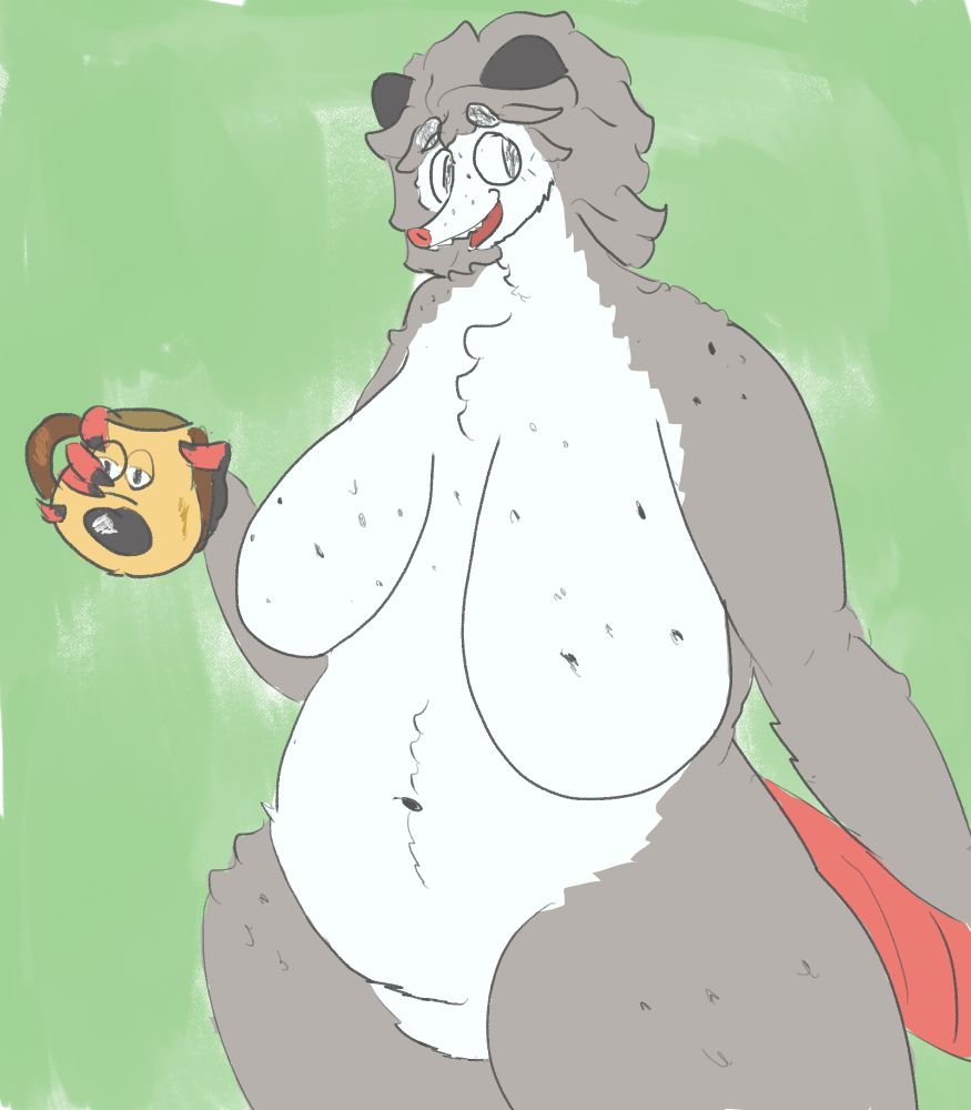 coloured sketch of Karrie holding a gromit mug