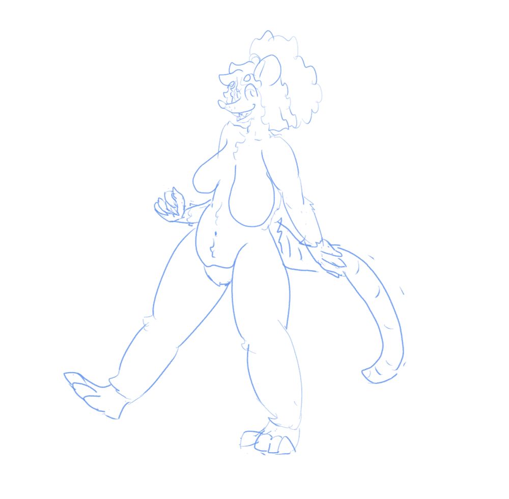 blue pencil sketch of an anthro rat lady with fluffy hair