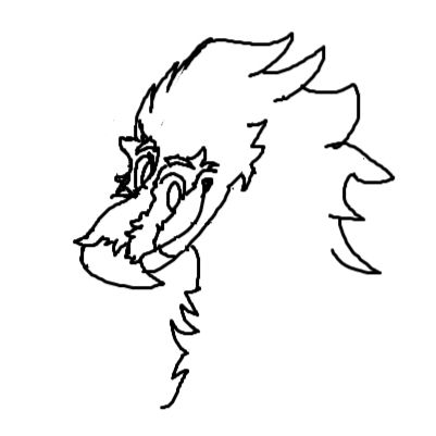 black and white ms paint doodle of my bearded vulture sona Alby with a goofy smile while looking towards the viewer 