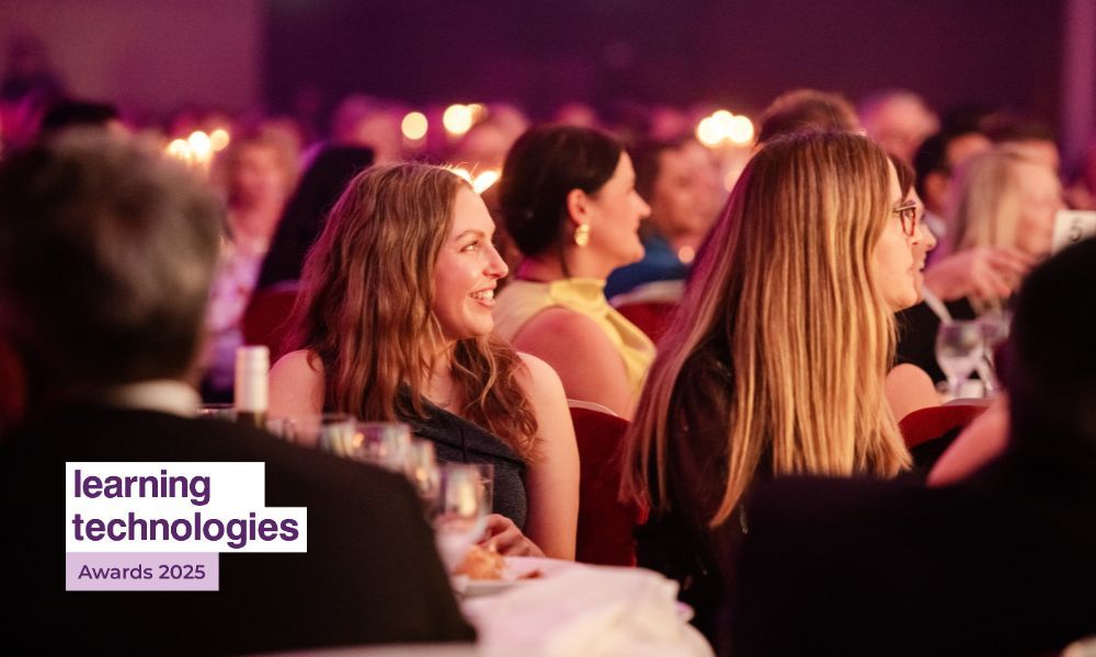 Attendees smiling and enjoying the Learning Technologies Award. Photo is overlaid with purple and white text boxes that read: Learning Technologies Awards 2025