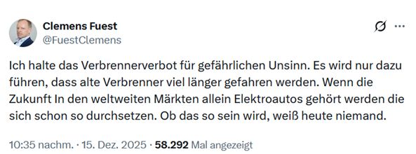 Clemens Fuest, Präsident des ifo-Instituts schreibt: "Ich halte das Verbrennerverbot für gefährlichen Unsinn. Es wird nur dazu führen, dass alte Verbrenner viel länger gefahren werden. Wenn die Zukunft In den weltweiten Märkten allein Elektroautos gehört werden die sich schon so durchsetzen. Ob das so sein wird, weiß heute niemand."