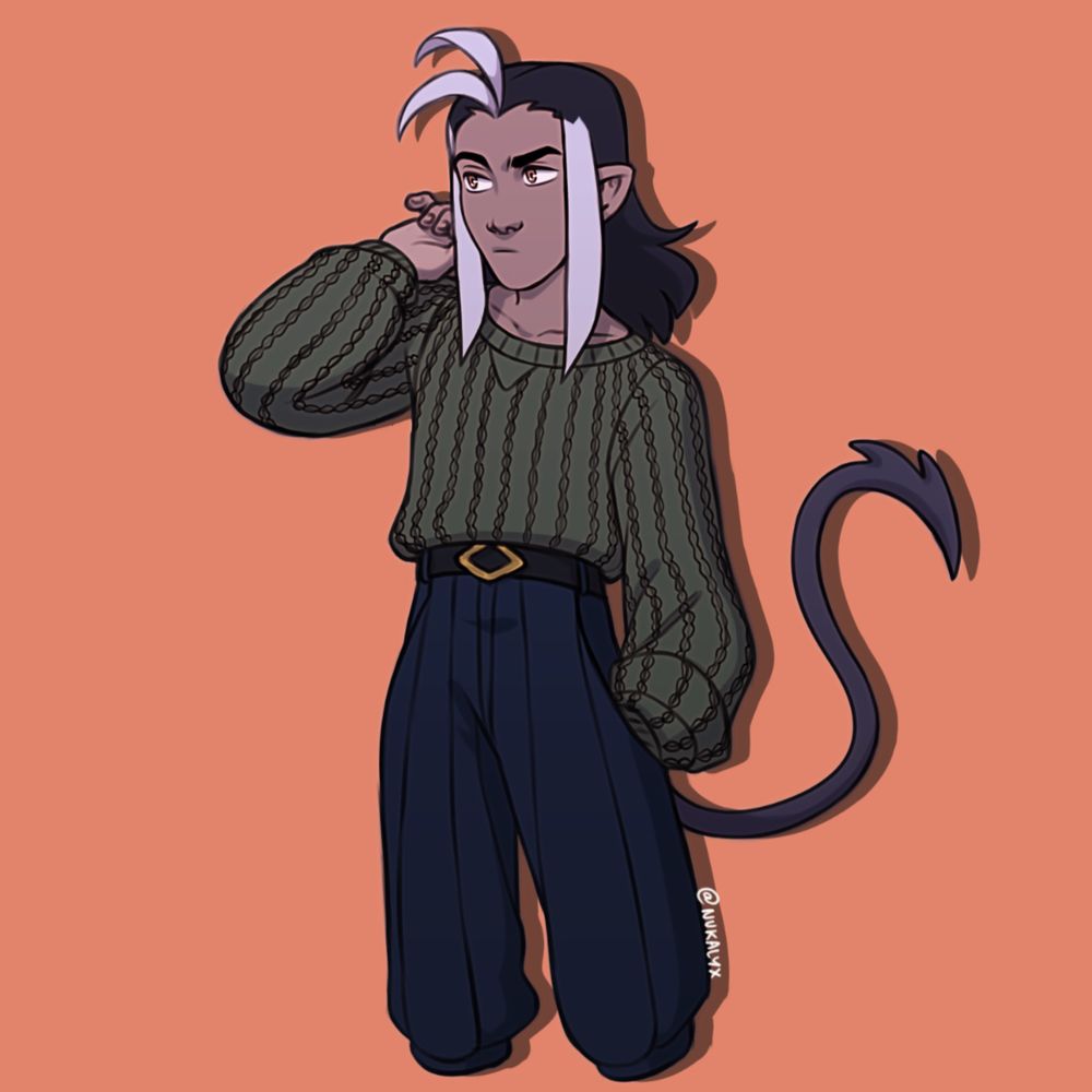 Demon boy wearing a green knitted shirt and loose pants buckled up at the waist.