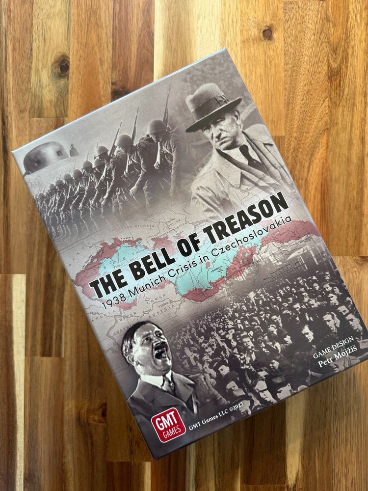 The box cover for the game "The Bell of Treason: 1938 Munich Crisis in Czechoslovakia" showing historical figures and images from 1938.