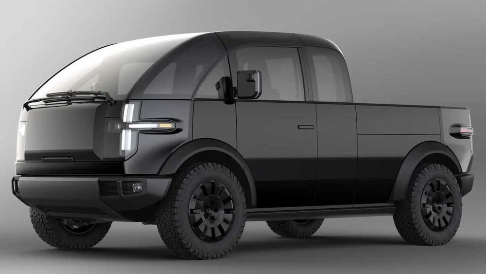 Canoo pickup truck rendering. Unlike traditional pickups, the Canoo’s driver sat closer to the front axle, maximizing interior volume and offering a much larger payload area within a compact exterior footprint. The truck featured a modular bed that could extend from 6ft to 8.5ft, secret storage, built-in workbenches, power outlets for tools, and configurable interior seating.