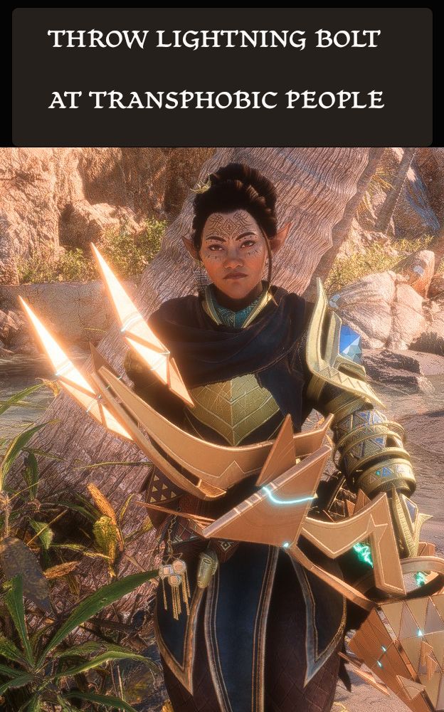 Bellara from Dragon Age Veilguard says "THROW LIGHTNING BOLT AT TRANSPHOBIC PEOPLE"