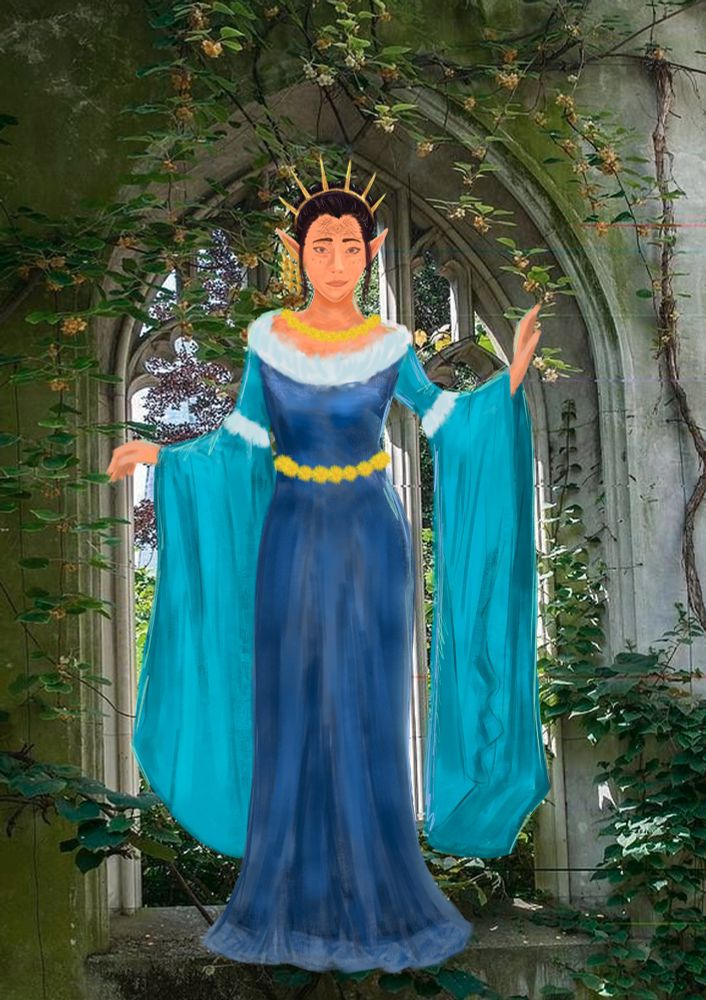 Bellara from Dragon Age in long blue dress with long  with long wide turquoise sleeves with a necklace and belt of dandelions and her crown stands against the backdrop of an arch entwined with greenery
