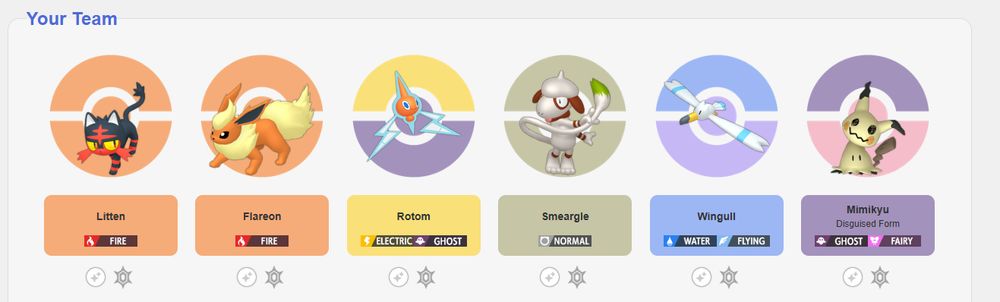 Screenshot from a Pokemon team builder website, showing sprites of Litten, Flareon, Rotom, Smeargle, Wingull, and Mimikyu