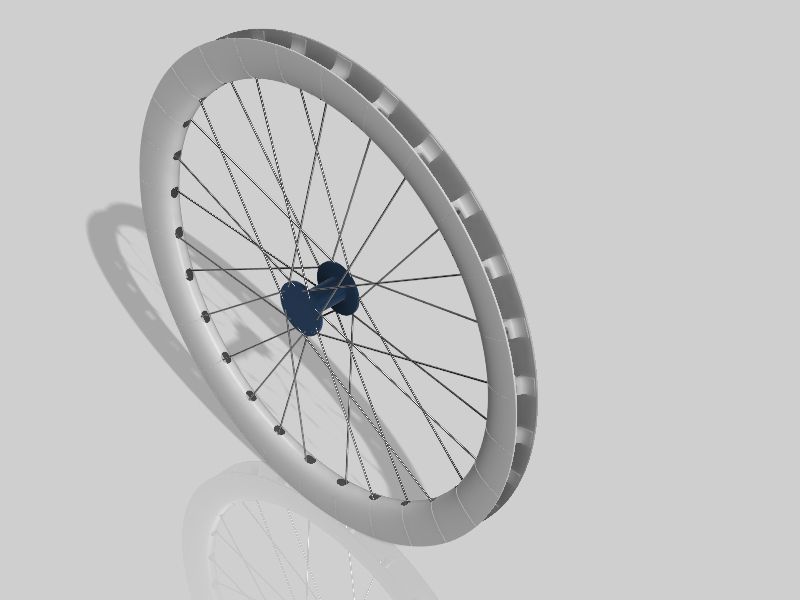 Une roue de vélo en CAO avec 28 bouts de carénage pour la rendre plus aérodynamique