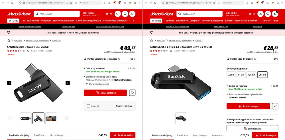 Twee screenshots van dezelfde usb-stick (Sandisk ultra dual 256GB) op Mediamarkt Nederland voor 49 euro en op Mediamarkt België voor 26 euro.