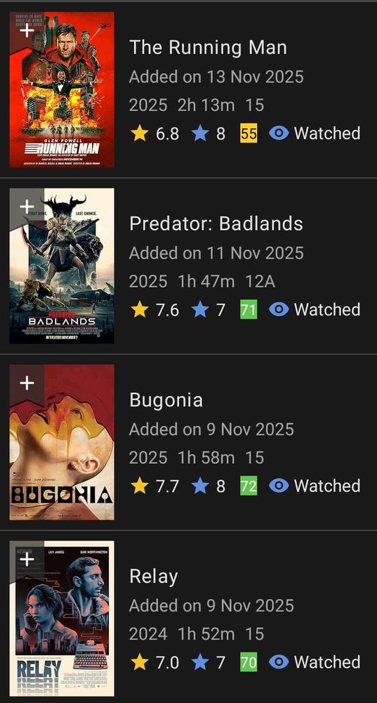 Running Man, Predator Badlands, Bugonia, Relay