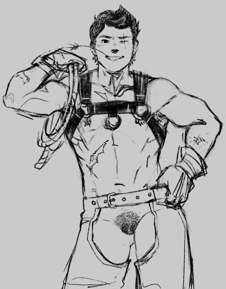 cheol wearing assless chaps and a harness.