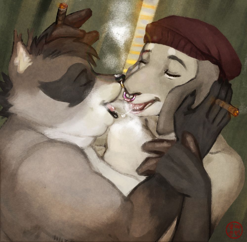 stoner raccoon and goat girl shotgunning as they make out.