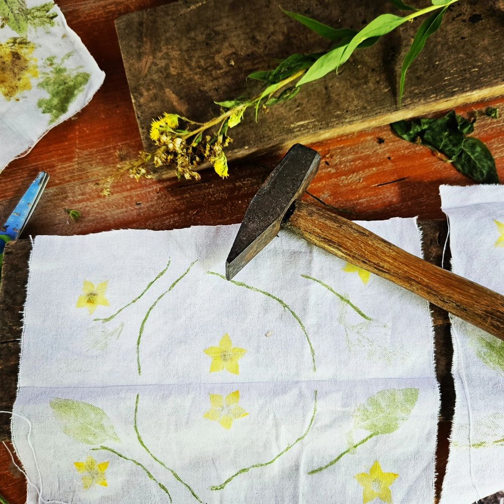 Foto: Ein weißes Baumwolltuch mit Pflanzen abdrücken. Links daneben eine Schere, schräg darüber ein Hammer. Darüber sieht man eine Pflanze mit gelben Blüten  auf einem dunkelbraunen Holzbrett.