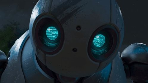 a close up of a robot 's face with blue lights