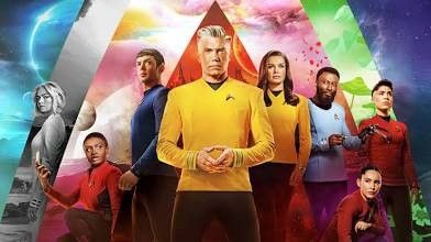 Poster of the crew in Strange New Worlds with rainbow background