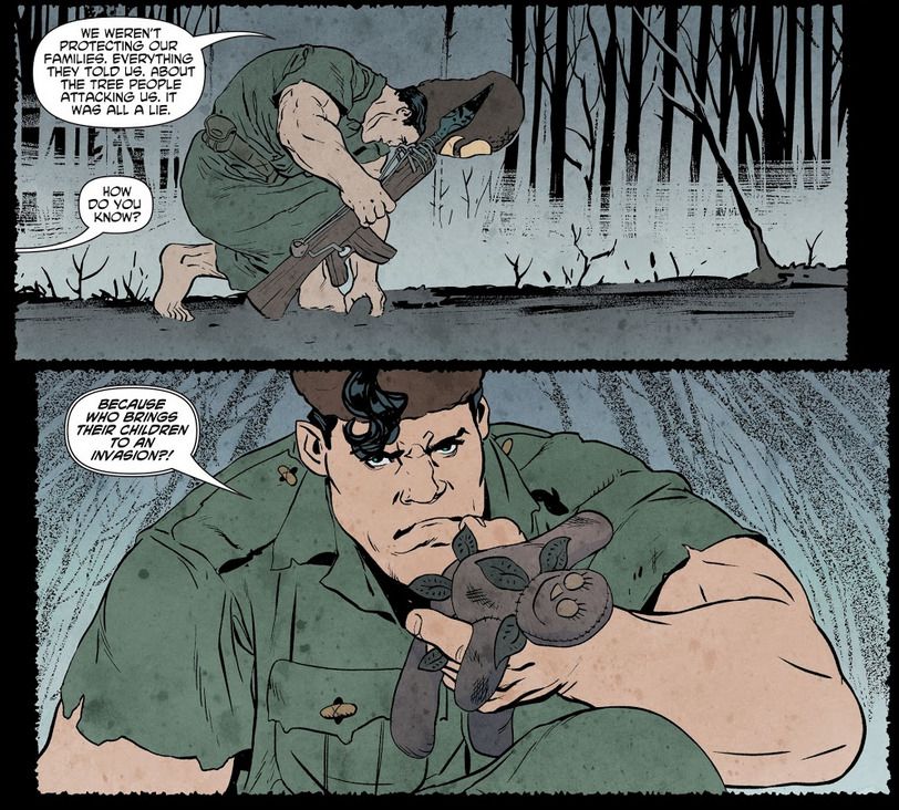 Panel of the Flintstones comic

"We weren't protecting our families, everything they told us about the tree people attacking us. It was all a lie."

"How do you know?"

Realistic Fred Flintstone is holding a plush toy
"Because who brings their children to an invasion?!"