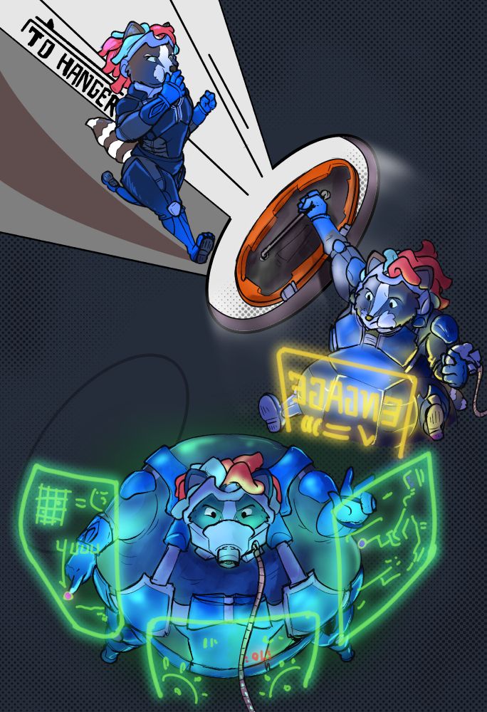 A three-part comic sequence featuring Kyera Sae.
A raccoon woman with pink and blue hair is sprinting towards the hangar. In the second panel, her face is partially blue, and she is closing a hatch behind her. In the third, she's been turned into a blueberry, and is manipulating a mech's controls.