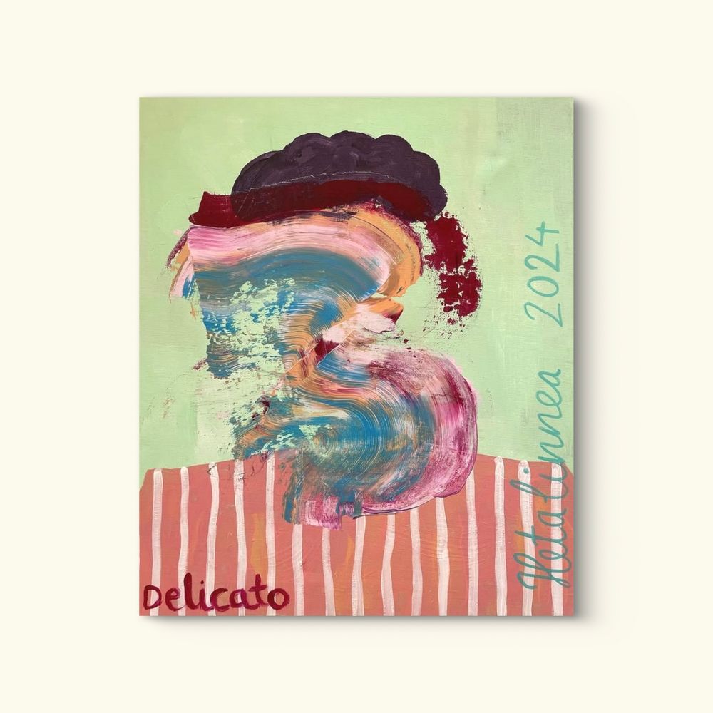 Pastel coloured acrylic painting of a portrait with no face. Pink shirt with white stripes, light green background and Blue, yellow and red shaded abstract, rainbow-like, shape upon face. Heta-Linnea Kovanen 2024 signed. Delicato written in the corner indicating the name of the artwork