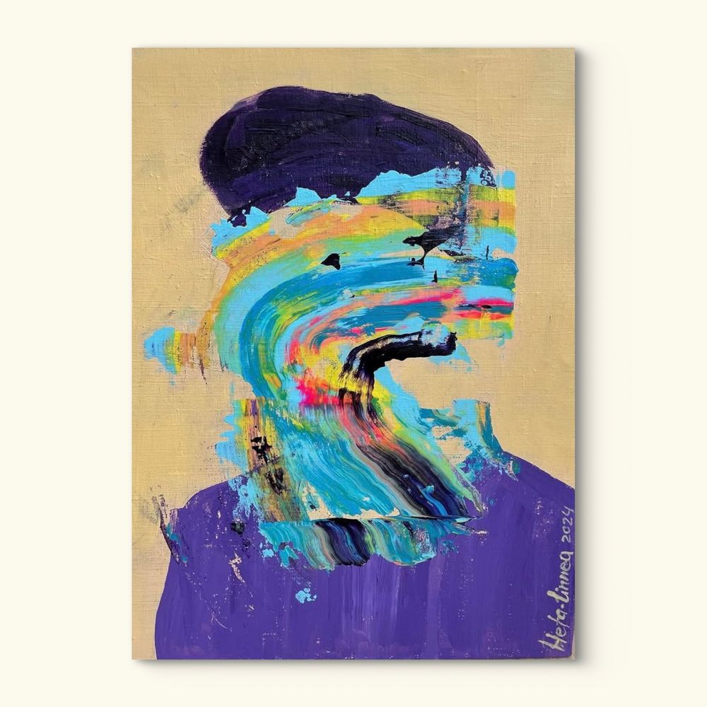 Abstract portrait painting featuring a distorted face with vibrant streaks of blue, yellow, red, and black paint blending across the canvas. The figure wears a dark purple beret and a matching shirt, set against a beige background. The artist's signature, 'Heta Linnea 2024,' is visible in the bottom right corner.