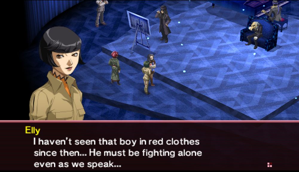 Eriko Kirishima, same place, going, "I haven't seen that boy in red clothes since then... He must be fighting alone even as we speak..."