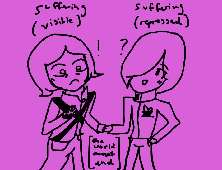 Tatsuya Suou holding hands with Jun Kashihara, with the words "suffering (visible)" over his head. He looks at his branded hand in horror, while Jun, smiling cluelessly, has the words "suffering (repressed)" over his head. The text "the world doesn't end" is under their held hands.