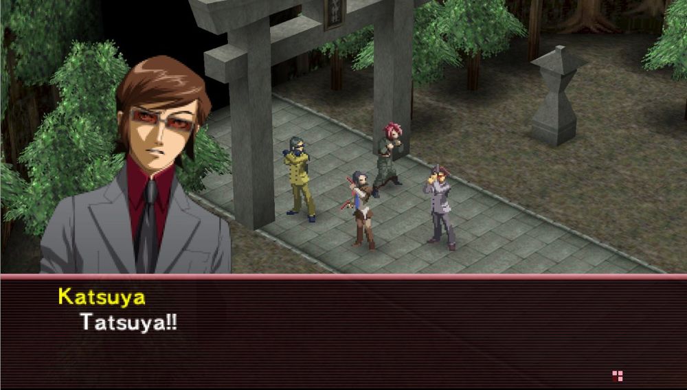 Katsuya Suou in Persona 2 Eternal Punishment, in shock at the fake Torifune Alaya Shrine. He says, "Tatsuya!!"