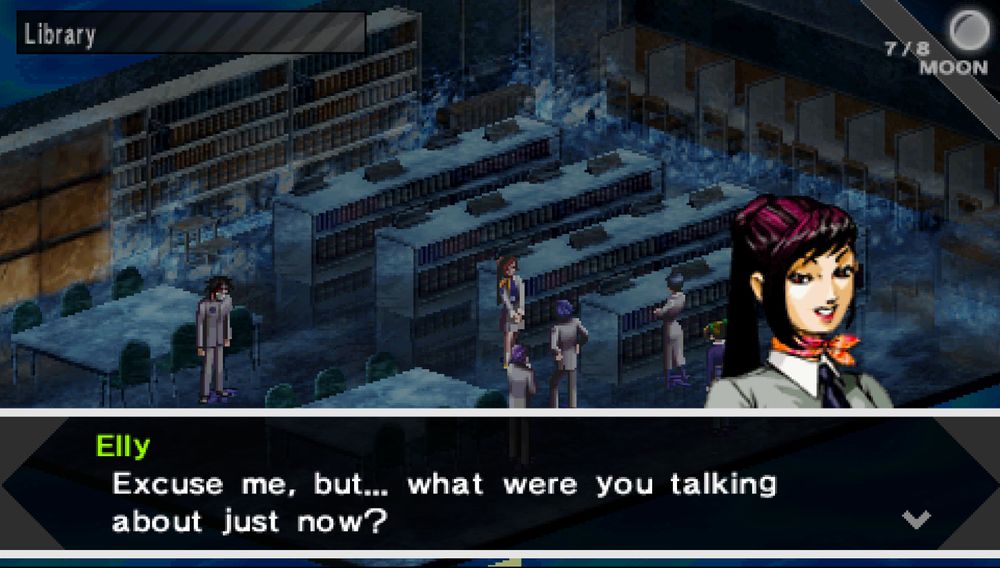Eriko Kirishima in Persona 1 PSP, in the library, speaking with the party before recruitment. She says, "Excuse me, but... what were you talking about just now?"