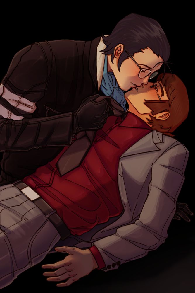 A commissioned art piece of Kei Nanjo and Katsuya Suou, with Nanjo lifting Katsuya by his tie for a kiss, while Katsuya leans up off the ground. They're on a black background, with Nanjo wearing his usual biking gear and blue scarf, while Katsuya wears his usual grey suit with a red shirt and black tie. Nanjo has a tender expression, lips almost touching Katsuya's, as he gazes up at him longingly. It's implied Katsuya's being revived.