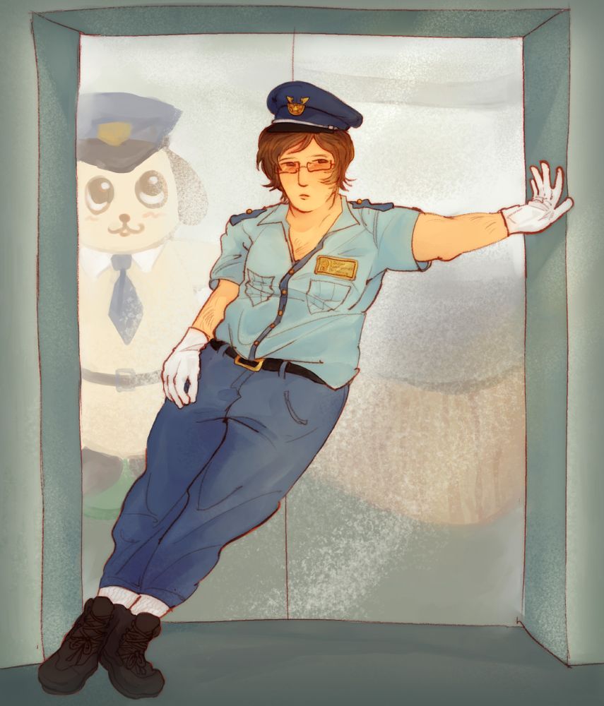 Katsuya Suou from Persona 2 Eternal Punishment in a standard Police Uniform, with the top two buttons undone, leaning against the wall leading to the door of the Kounan Police Department. He wears white gloves and a police hat along with the uniform, leaning across the door's length in a relaxed fashion. He still wears his usual red sunglasses. Behind him, behind the door to the KPD, stands Coppy, with his eyes looking upwards and a silly expression on his face. He has a blue tie and belt; a more put together version of Katsuya, but Katsuya is relaxing in the sun. The desk is behind him too.