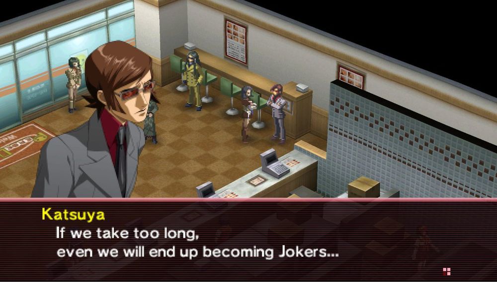 Katsuya, sad, saying, "If we take too long, even we will end up becoming Jokers..." at Peace Diner.