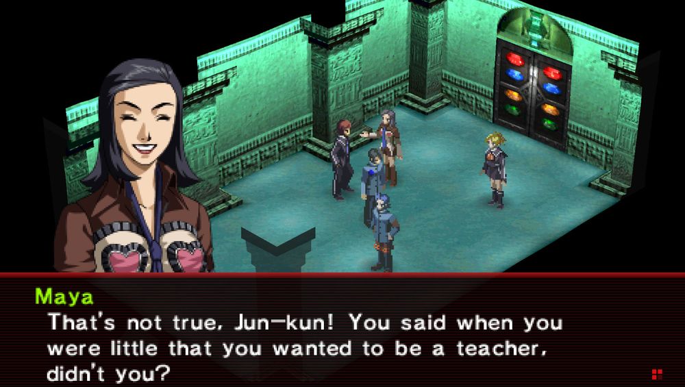 Maya Amano in Persona 2 Innocent Sin, in the Aquarius Temple while talking to Jun. She's smiling widely, with a toothy grin, saying, "That's not true, Jun-kun! You said when you were little that you wanted to be a teacher, didn't you?"