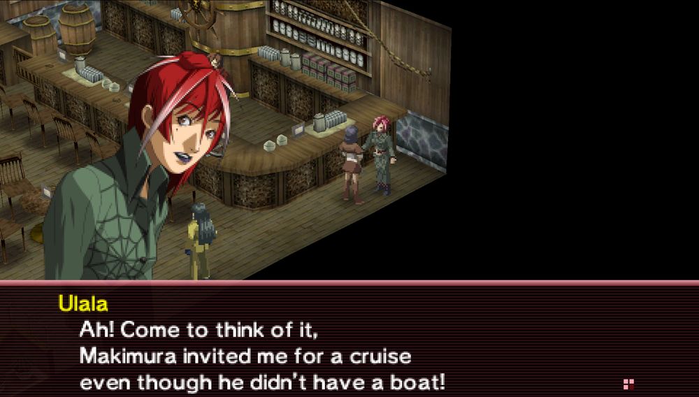 Ulala Serizawa in Persona 2 Eternal Punishment, in shock at the Jolly Roger. She says, "Ah! Come to think of it, Makimura invited me for a cruise even though he didn't have a boat!"