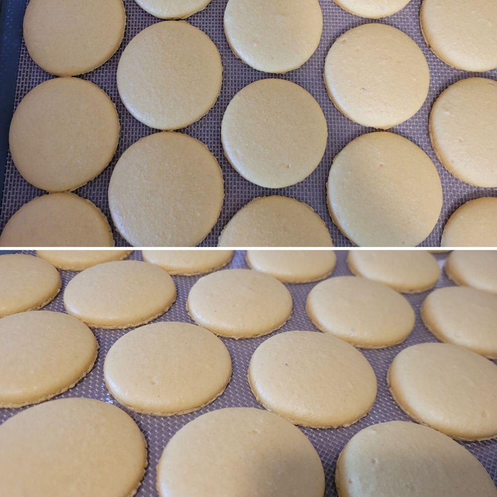Two photos together showing different angles of a baking sheet of lemon yellow macaron shells fresh out of the oven, one from overhead and one to show the ruffled feet