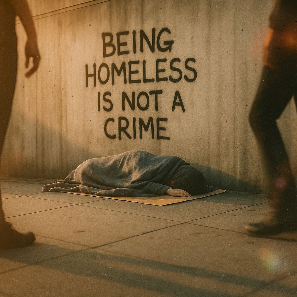 A ground-level photo of a homeless person sleeping on a flattened cardboard box beneath a graffiti-covered concrete wall. The person is wrapped in a worn blanket, with their face hidden from view. Above them, graffiti reads “Being homeless is not a crime.”