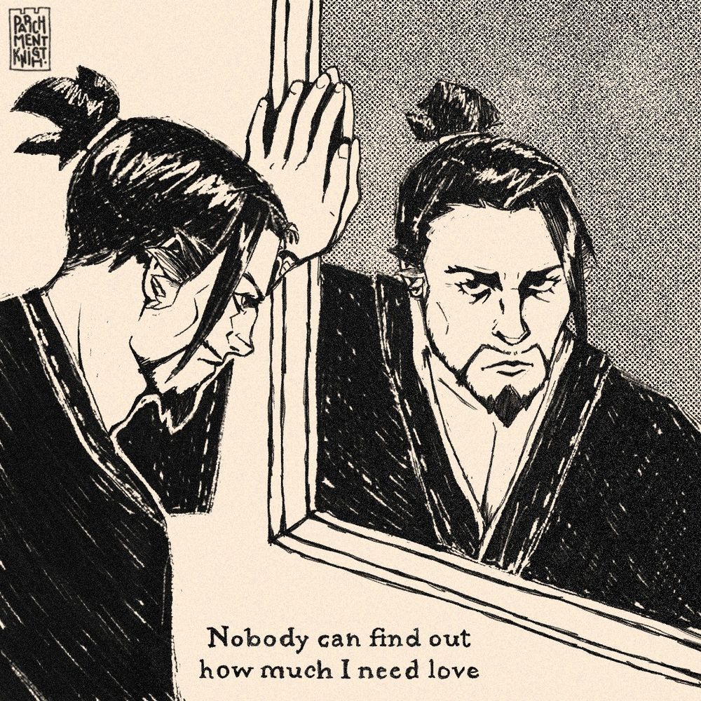 A digital drawing of Hanzo Shimada from Overwatch, with a side profile of him looking at a mirror and the reflection looking straight at the viewer, with a sullen, anguished expression. His left hand rests on the frame of the mirror. The words "Nobody can find out how much I need love" are written below the mirror. The drawing has a retro black-and-white ink on paper effect, with bold black lines and uneven darkness to replicate real ink on paper.