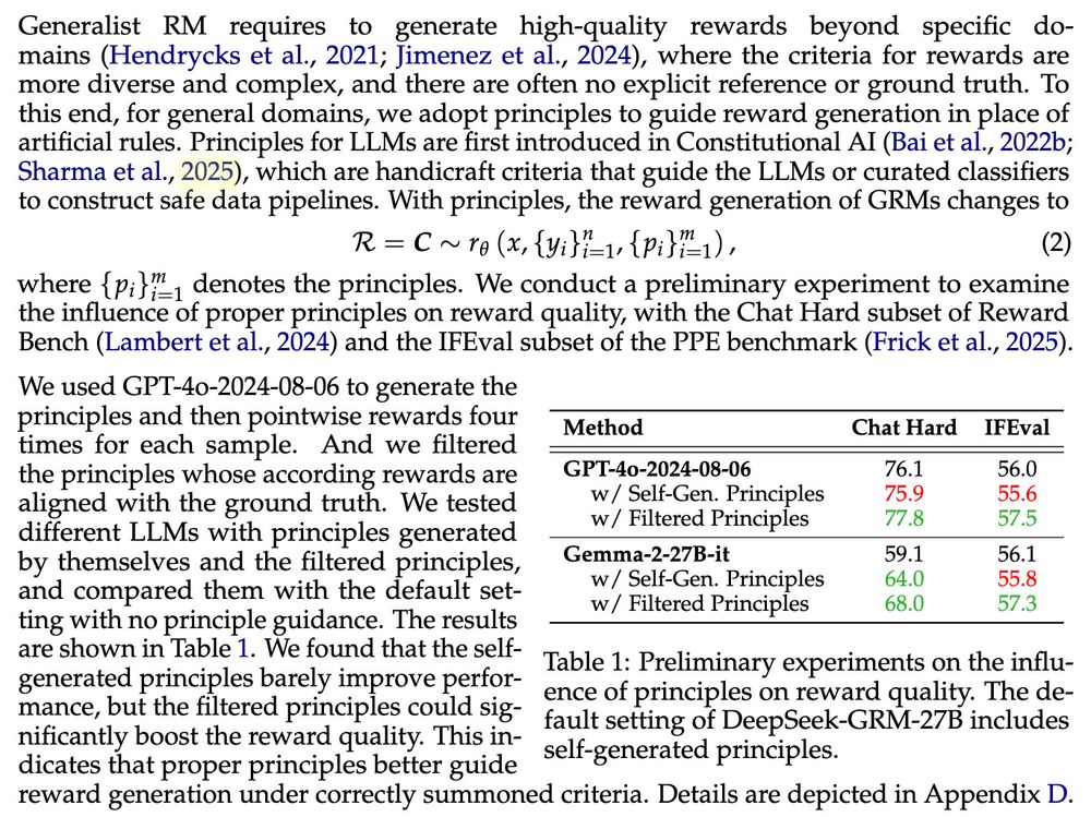 Text in section 2.2: Generalist RM requires to generate high-quality rewards beyond specific domains (Hendrycks et al., 2021; Jimenez et al., 2024), where the criteria for rewards are more diverse and complex, and there are often no explicit reference or ground truth. To this end, for general domains, we adopt principles to guide reward generation in place of artificial rules. Principles for LLMs are first introduced in Constitutional AI (Bai et al., 2022b; Sharma et al., 2025), which are handicraft criteria that guide the LLMs or curated classifiers to construct safe data pipelines. With principles, the reward generation of GRMs changes to R = C ∼ rθ (x, {y_i}^n_{i=1}, {p_i}^m_{i=1}) where {p_i}^m_{i=1} denotes the principles. We conduct a preliminary experiment to examine the influence of proper principles on reward quality, with the Chat Hard subset of Reward Bench (Lambert et al., 2024) and the IFEval subset of the PPE benchmark (Frick et al., 2025). We used GPT-4o-2024-08-06 to generate the principles and then pointwise rewards four times for each sample. And we filtered
the principles whose according rewards are aligned with the ground truth. We tested different LLMs with principles generated
by themselves and the filtered principles, and compared them with the default setting with no principle guidance. The results are shown in Table 1. We found that the self-generated principles barely improve performance, but the filtered principles could significantly boost the reward quality. This indicates that proper principles better guide
reward generation under correctly summoned criteria. Details are depicted in Appendix D