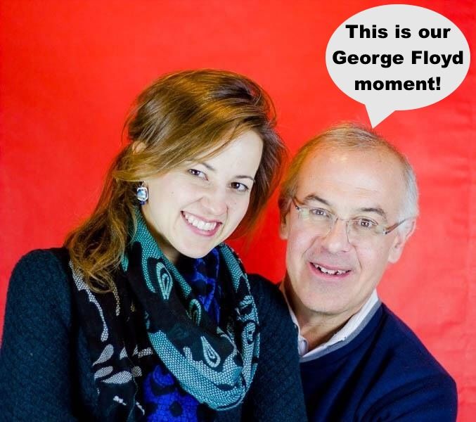 David Brooks with the intern he left his wife for and a speech bubble above him that says, "This is our George Floyd moment!"