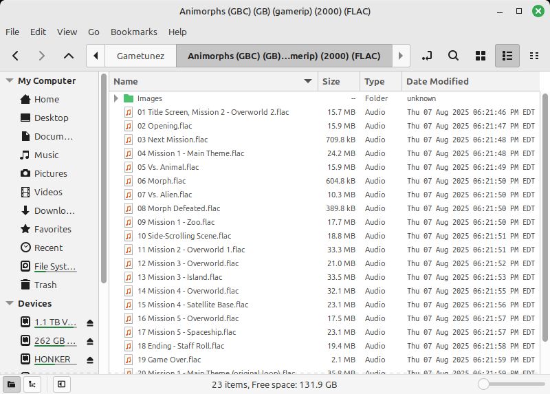 Screenshot of my file browser (Linux, btw) for my phone showing that I Am Not Fucking Around I Actually Have FLACs of the Animorphs (GBC) (2000) Soundtrack
