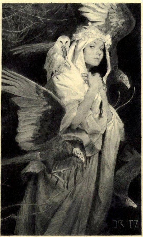 A realistic pencil drawing of a robed woman, surrounded by three vultures and one barn owl grabbing a dead mouse with his beak. 

The robed woman stares at us intimately, with a few bits of branched and a dark background makes the scene a bit ominous but graceful body positioning makes the scene beautiful as well. The artist (me) really likes this kind of imagery.